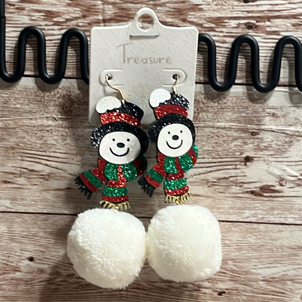 Snowman Pom Pom 3-1/2” Pom Pom Dangle Earrings